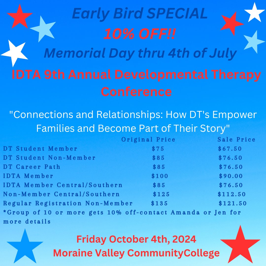 IllinoisDTA's tweet image. Get ready for our annual conference! Sign up now and take advantage of our Early Bird Special, only available until July 4th! We also have group rates available for groups of 10 or more. Contact Amanda-amandacrooks.dt@gmail.com or Jen-jencrick@illinoisdta.org for more information