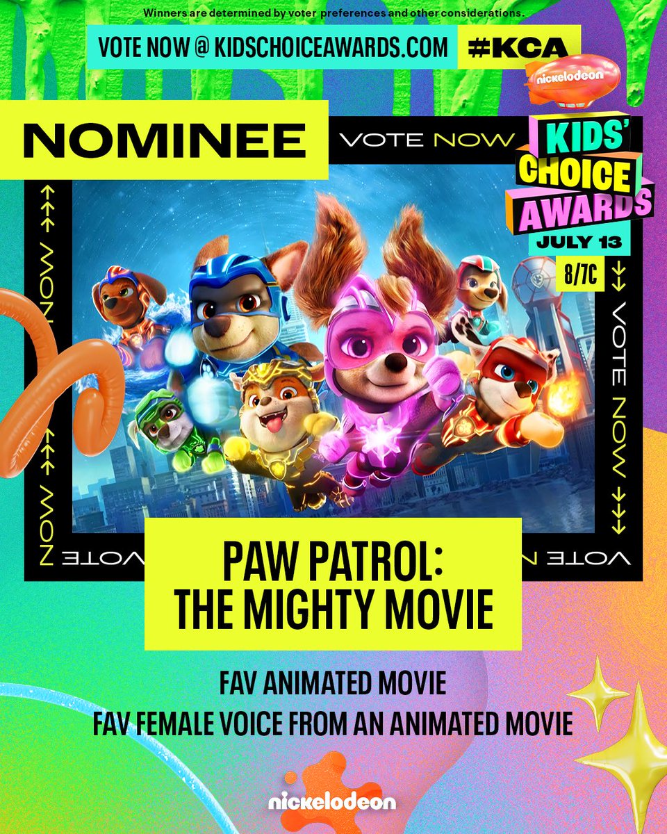 PAW Patrol: The Mighty Movie (@pawpatrolmovie) on Twitter photo PAW-some news! #PAWPatrolMovie has 3 #KCA nominations: Fav Animated Movie and Fav Female Voice from an Animated Movie (Kristen Bell & <a href="/MckennaGraceful/">Mckenna Grace</a>)!
Vote now at KidsChoiceAwards.com and tune into the show on Saturday, July 13 on <a href="/Nickelodeon/">Nickelodeon</a> #KidsChoiceAwards PAW-some news! #PAWPatrolMovie has 3 #KCA nominations: Fav Animated Movie and Fav Female Voice from an Animated Movie (Kristen Bell & <a href="/MckennaGraceful/">Mckenna Grace</a>)!
Vote now at KidsChoiceAwards.com and tune into the show on Saturday, July 13 on <a href="/Nickelodeon/">Nickelodeon</a> #KidsChoiceAwards