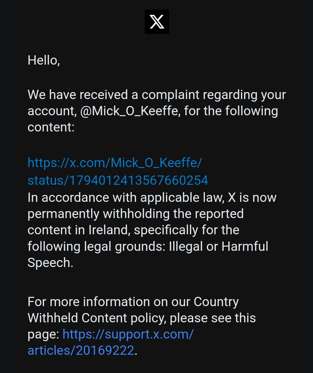 Mick_O_Keeffe's tweet photo. X just banned this post in the EU for "Illegal speech" so I'm posting it again because my opinions are not illegal. 

"I'm going to be very clear : 

If you are an asylum seeker, a refugee, or you're in Ireland on a work permit, go home. 

10 years from now Ireland will be run by nationalists and we will begin deporting foreigners. 

Make no mistake, we will be ruthless. 

We don't care how long you've been here.

We don't care that your kids are in school and have made lots of friends. 

We don't care about your job, your house, your dog, or your life in Ireland.

And we certainly don't care about the piece of paper given to you by Fine Gael saying you could stay.

Ireland is ours! You are all going home. 

We will bend and break rules to get you out as fast as possible, the same way you all entered. 

The more of a life you make for yourself in Ireland, the harder it will be for you. 

Don't say you weren't warned."

#GetThemOut