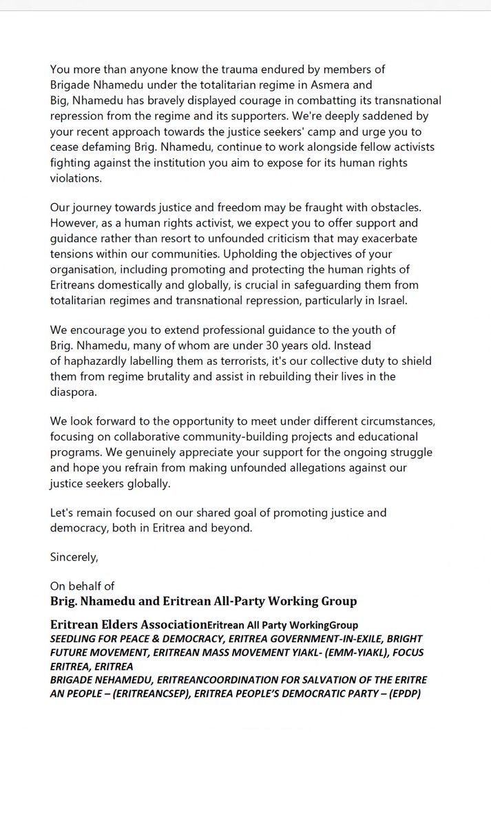 A critique of Elsa Chyrum by Eritrean Elders Association, Eritrean All Party Working Group, Seedling for Peace &amp; Democracy, Eritrea Government-In-Exile, Bright Future Movement, Eritrean Mass Movement Yiakl, Focus Eritrea, Eritrea Brigade Nhamedu, Eritrean Coordination for