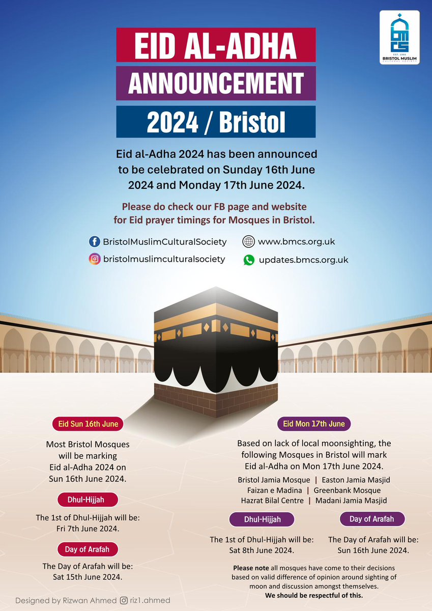 Dhul Hijjah and Eid Al-Adha Bristol Announcement 2024