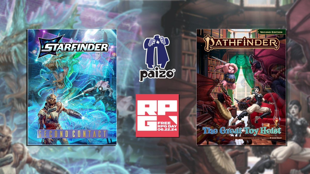 paizo's tweet photo. Paizo celebrates Free RPG Day! You’ve got a friend in us with The Great Toy Heist, a remaster-compatible adventure for 2nd level poppets. Starfinders get to experience Second Contact, fun in-game goodies compatible with both PF2e and the SF2e Playtest! 
https://t.co/3AlH0aHEl8 https://t.co/u0OpoqOZus