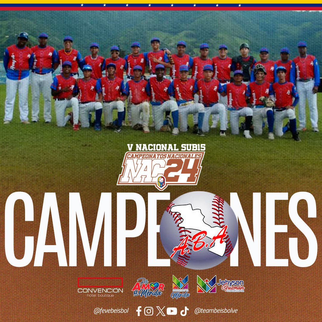 FEVEBEISBOL's tweet photo. #Nacionales2024 ⚾️🇻🇪

Felicitaciones a @AsoAraguaBB al coronarse en el V Campeonato Nacional Sub-15 realizado en #Merida 

💻 https://t.co/h8qpRGHTpk

#FEVEBEISBOL
#SembrandoBeisbol https://t.co/06u5bIWwf3