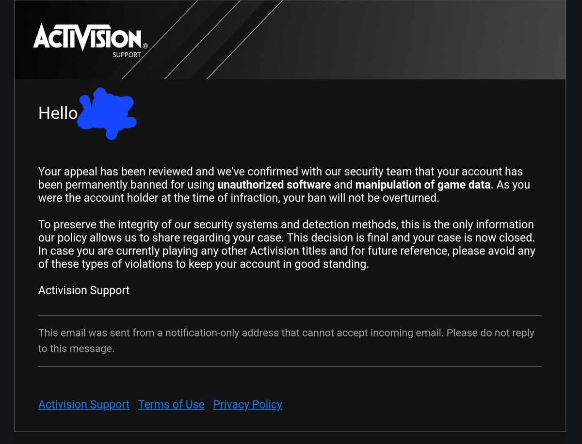 <a href="/Activision/">Activision</a> @mw3. Got banned for no reason.  This is unbelievable and sad that many players got banned for nothing.Who else got banned for no reason? Then after your appeal still got denied.