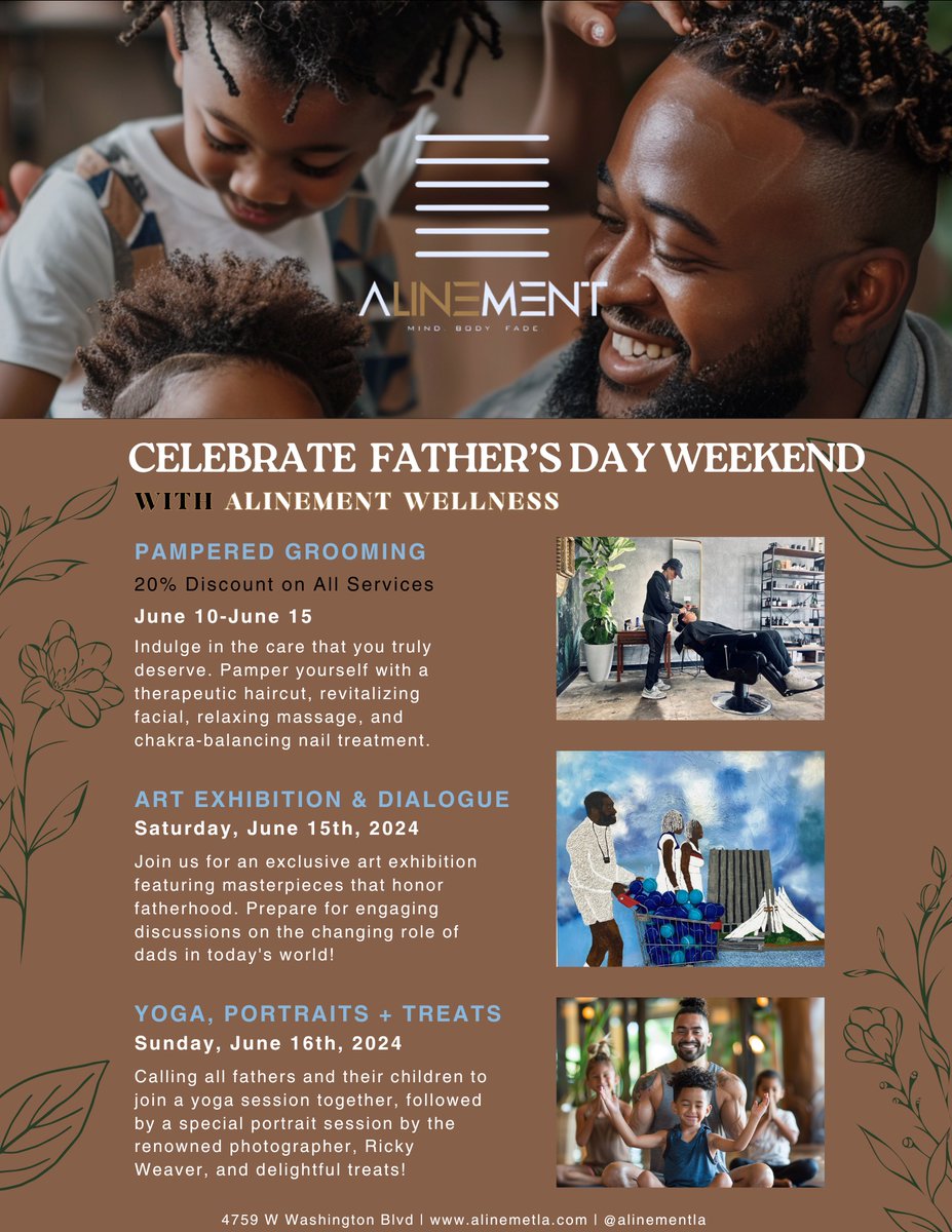 📢 🎉We can’t express enough how excited we are about this upcoming Father’s Day weekend at aLINEment! Being that it is Men’s Mental Health Awareness Month, we are dedicated to providing ample opportunities for men and fathers to reflect, commune, and engage.