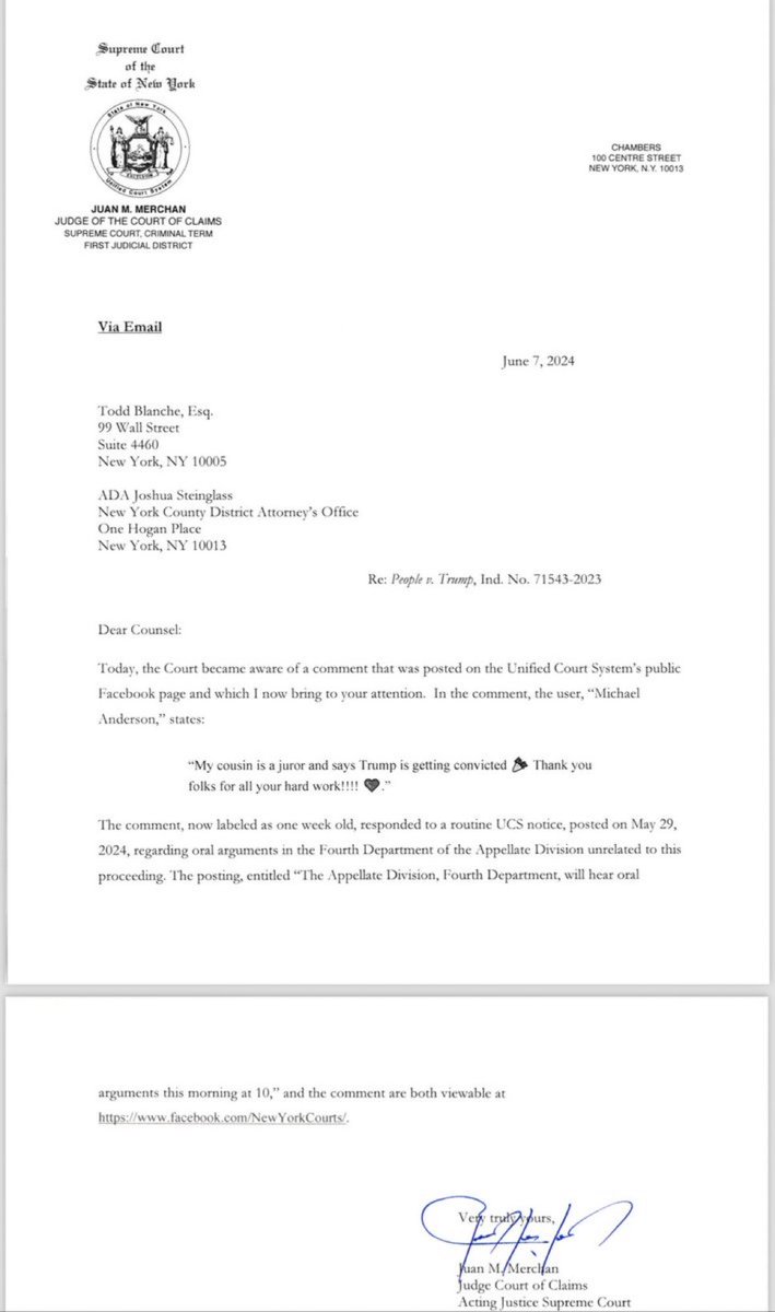 charliekirk11's tweet photo. According to Judge Merchan, somebody posted this on the Unified Court System's Facebook page one day ahead of the verdict:

"’My cousin is a juror and says Trump is getting convicted! Thank you folks for all your hard work!!!!’"

Nothing has been proven yet. But if this is true, and a juror was revealing to others that they planned to convict during deliberations, that is juror misconduct and grounds for a mistrial.

Fascinating turn of events!