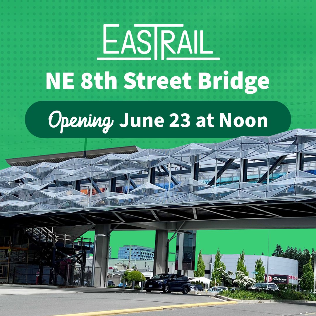 Just a little over 2 weeks until the next major #Eastrail opening in Bellevue. Come join us on June 23 at noon for the ribbon cutting on the NE 8th Street Bridge in Bellevue! eastrail.org/event/ne-8th-o…