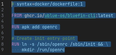 <a href="/castrojo/">June Ed Castrojo</a> <a href="/bketelsen/">Bjarne Ketelsen</a> how much would you like some bluefin-cli as an init container on our beloved #Distrobox?

The best part you may ask? 9 lines (even with blanks)

And with a bit of "tweaks", we can have docker 🐳 supervised on <a href="/wolfi_os/">Wolfi OS</a> 🐙

The supervisor Corsair 🏴‍☠️
