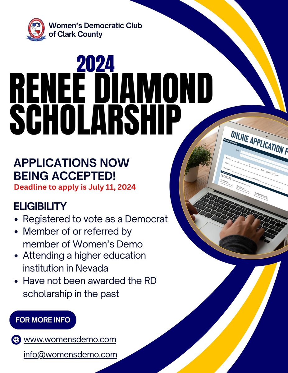 Applications for the 2024 Renee Diamond Scholarship are now open! Eligible applicants will be registered Democrats, current members of our club (or referred by current member), &amp; attending a school in NV in Fall of 2024. Deadline is July 11. Apply today! womensdemo.com/reneediamondsc…
