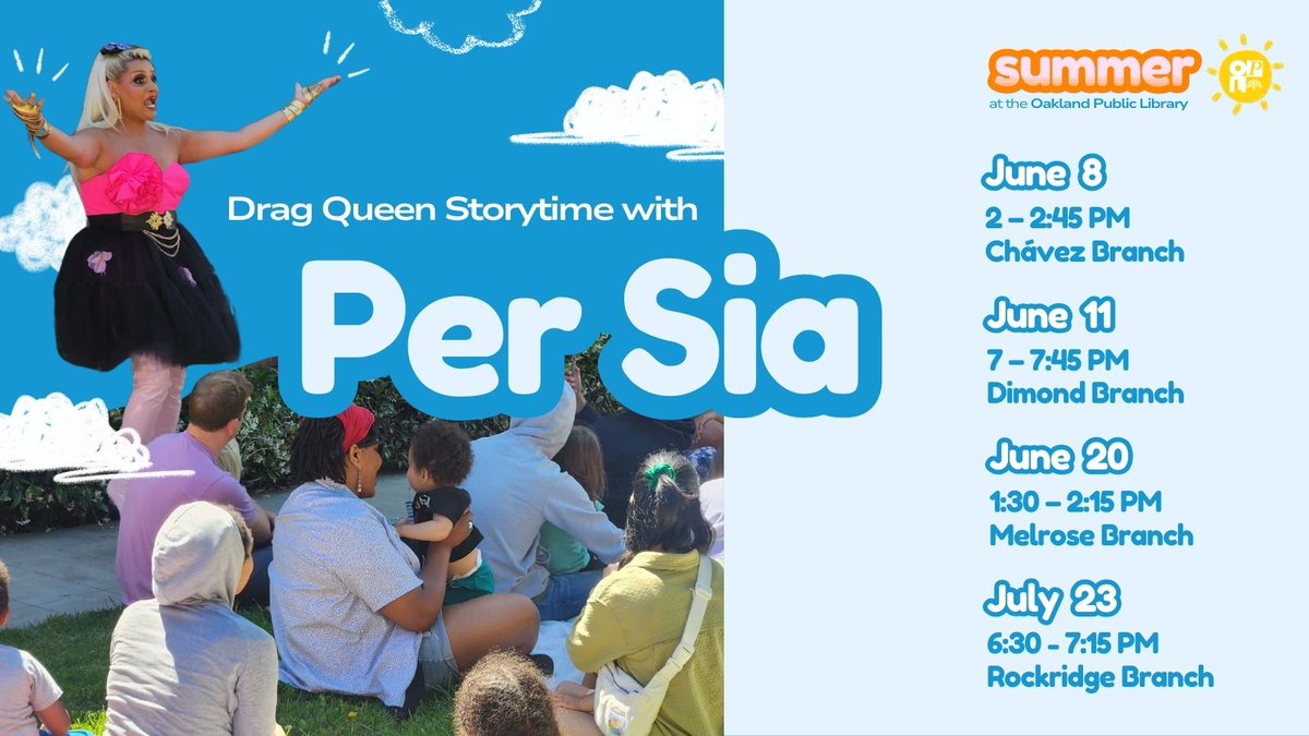 oaklibrary's tweet photo. Drag queen story time is back! 🌈📖
Per Sia is a Latinx non-binary storyteller, drag queen and youth educator based in the Bay Area. #HappyPride #OPLSummer
https://t.co/vs55rl5D7o https://t.co/gEd2y3Lsap
