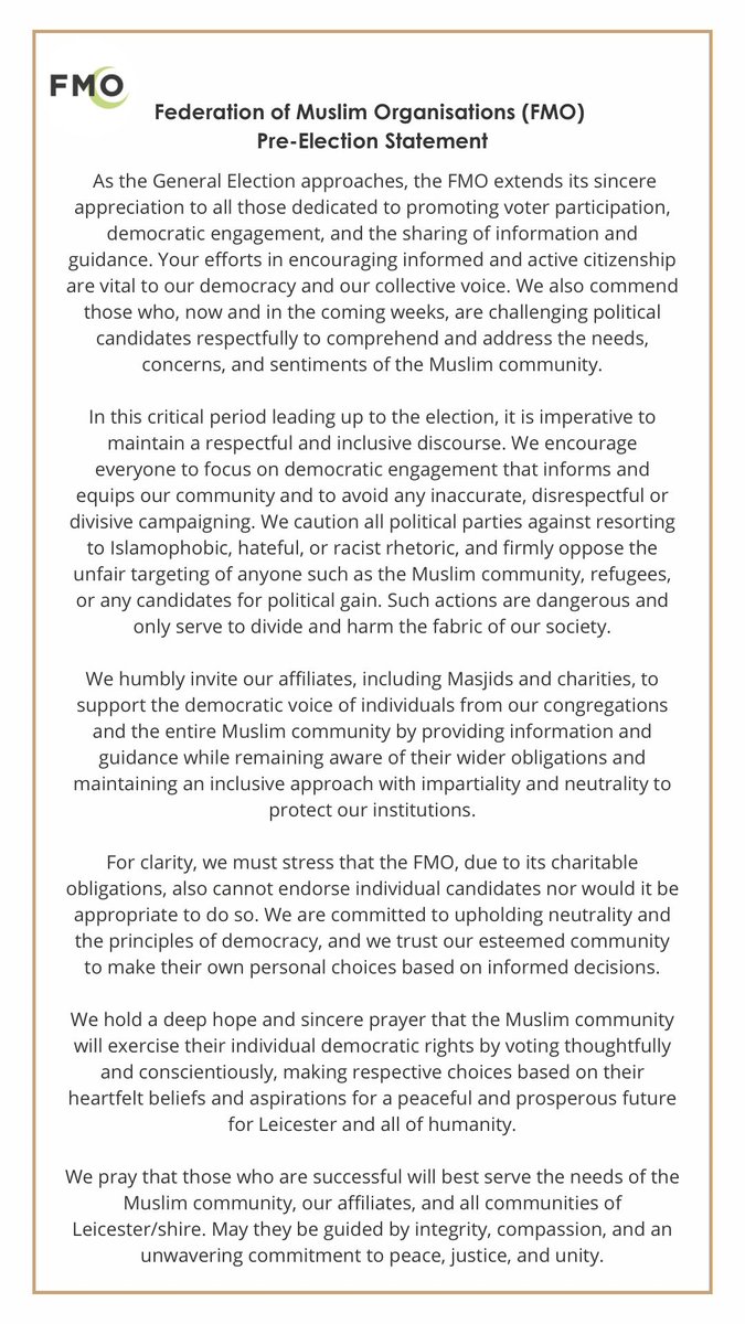 Federation of Muslim Organisations (FMO) 
Pre-Election Statement 👇
