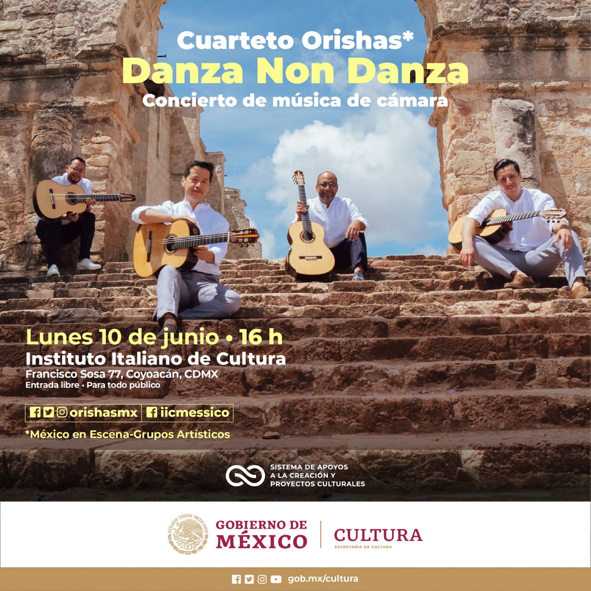 🎸El <a href="/iicmessico/">IIC México</a> será escenario de “Danza non Danza”, un programa para cuatro guitarras con música del mundo que presenta el Cuarteto <a href="/orishasmx/">Cuarteto Orishas</a> (México en Escena). ¡No te lo pierdas!

📅Mañana, 16 h
📍#Coyoacán
🎟Entrada libre

<a href="/cultura_mx/">Secretaría de Cultura</a>