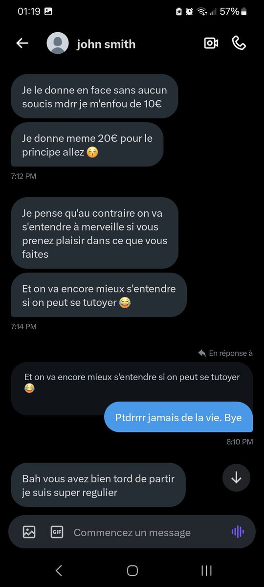 Stoplesfakes1's tweet photo. Gros fantasmeur de merde qui espère imposer ses conditions alors que tout est écrit et insiste même quand on lui dit non. Il revient 2 semaines après pour demander la même chose comme si ça allait changer😅 Irrespectueux a fuir et bloquer. 🚮⚠️➡️ @3058573292p https://t.co/KVvLftRIIp