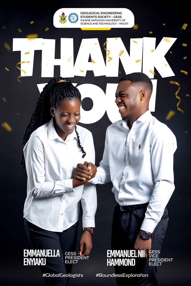 ellaenyiaku's tweet photo. | THANK YOU GESS ๐ฅณ๐ฅ๐๐ฝ|
We really appreciate your votes and support๐๐
#GlobalGeologists
#BoundlessExploration
EMMANUELLA ENYIAKU
(GESS PRESIDENT ELECT)
EMMANUEL NII HAMMOND
(GESS VICE PRESIDENT ELECT) https://t.co/cr0qUsZAbw
