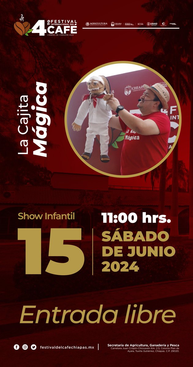 Ven a disfrutar de los eventos culturales del 4to. Festival Internacional del Café, Chiapas de Corazón 2024.
Asiste con toda tu familia y tus amigos, la entrada es gratuita.
Consulta la cartelera de actividades.
¡Con el café, #ChiapasEsMásFuerte!