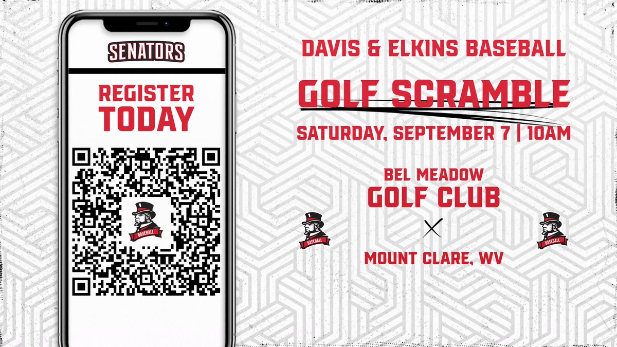 🚨GOLF SCRAMBLE🚨

We're excited to announce the <a href="/SenatorsBSB/">Davis & Elkins Baseball</a> Golf Scramble fundraiser.

📅: Saturday, Sept. 7th
🕙: 10am Shotgun
⛳️: Bel Meadow Golf Club
💰: $400 per team
🗒️: Sponsorship Opportunities

Team and sponsorship registration can be made at forms.gle/es7wcKMk4fxMKx….