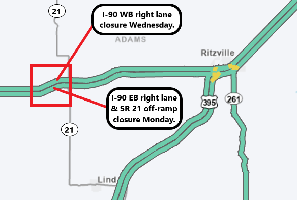 Map of paving project on I-90 west of Ritzville. I-90 EB right lane and SR 21 off-ramp closure Monday. I-90 WB right lane closure on Wednesday.