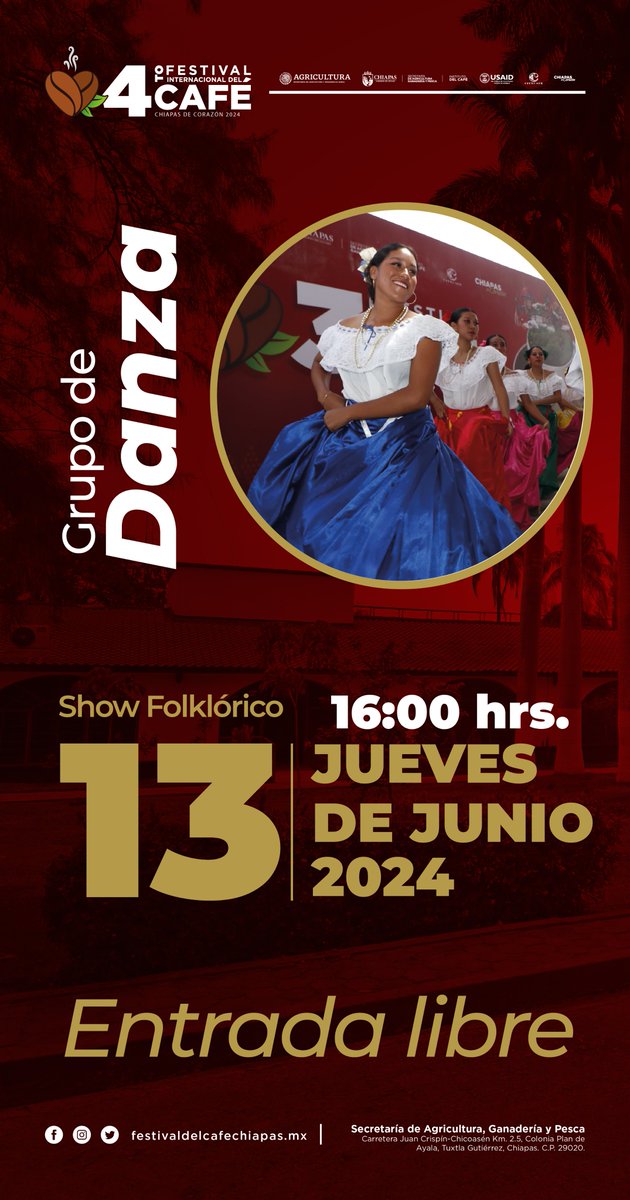 Ven a disfrutar de los eventos culturales del 4to. Festival Internacional del Café, Chiapas de Corazón 2024.
Asiste con toda tu familia y tus amigos, la entrada es gratuita.
Consulta la cartelera de actividades.
¡Con el café, #ChiapasEsMásFuerte!