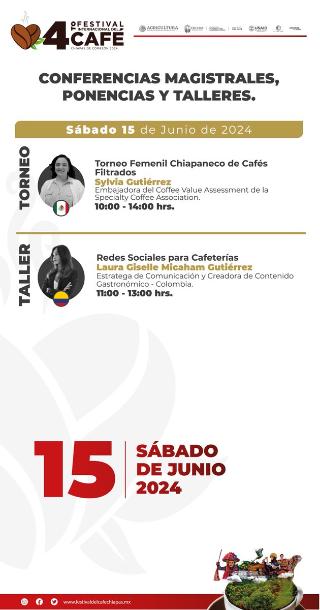 Participa en las conferencias magistrales, paneles, ponencias y talleres en el marco del 4to. Festival Internacional del Café, Chiapas de Corazón 2024.
Te dejamos la agenda de actividades.
¡Con el café, #ChiapasEsMásFuerte!