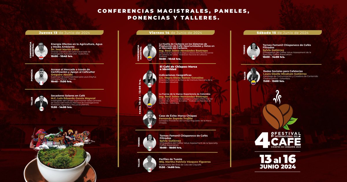 Participa en las conferencias magistrales, paneles, ponencias y talleres en el marco del 4to. Festival Internacional del Café, Chiapas de Corazón 2024.
Te dejamos la agenda de actividades.
¡Con el café, #ChiapasEsMásFuerte!