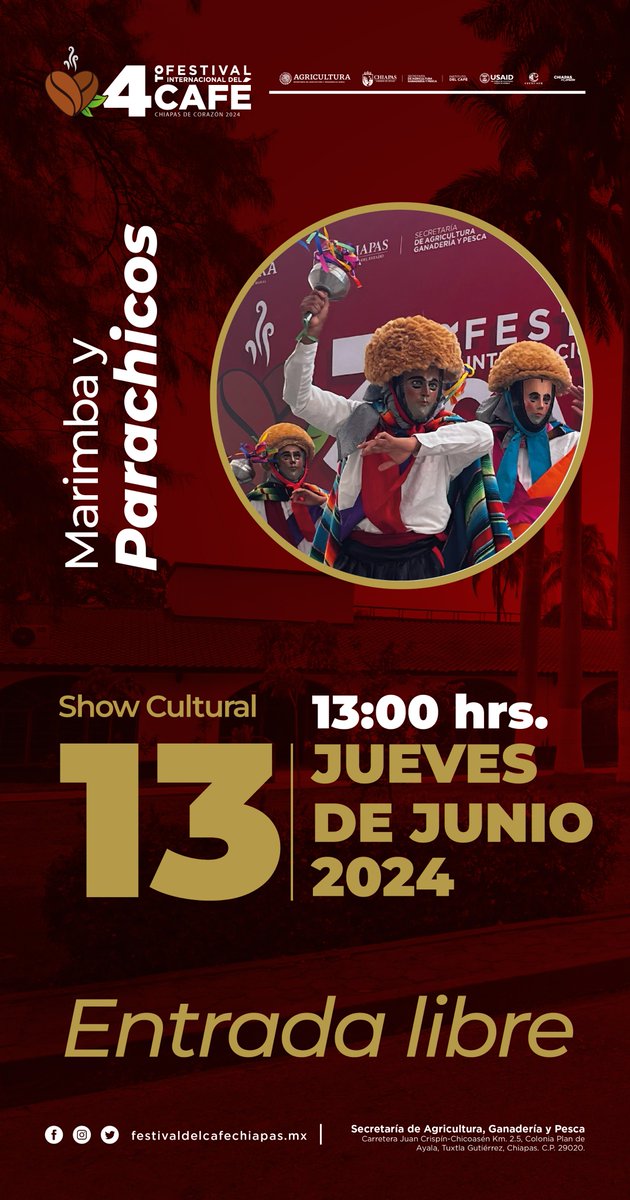Ven a disfrutar de los eventos culturales del 4to. Festival Internacional del Café, Chiapas de Corazón 2024.
Asiste con toda tu familia y tus amigos, la entrada es gratuita.
Consulta la cartelera de actividades.
¡Con el café, #ChiapasEsMásFuerte!
