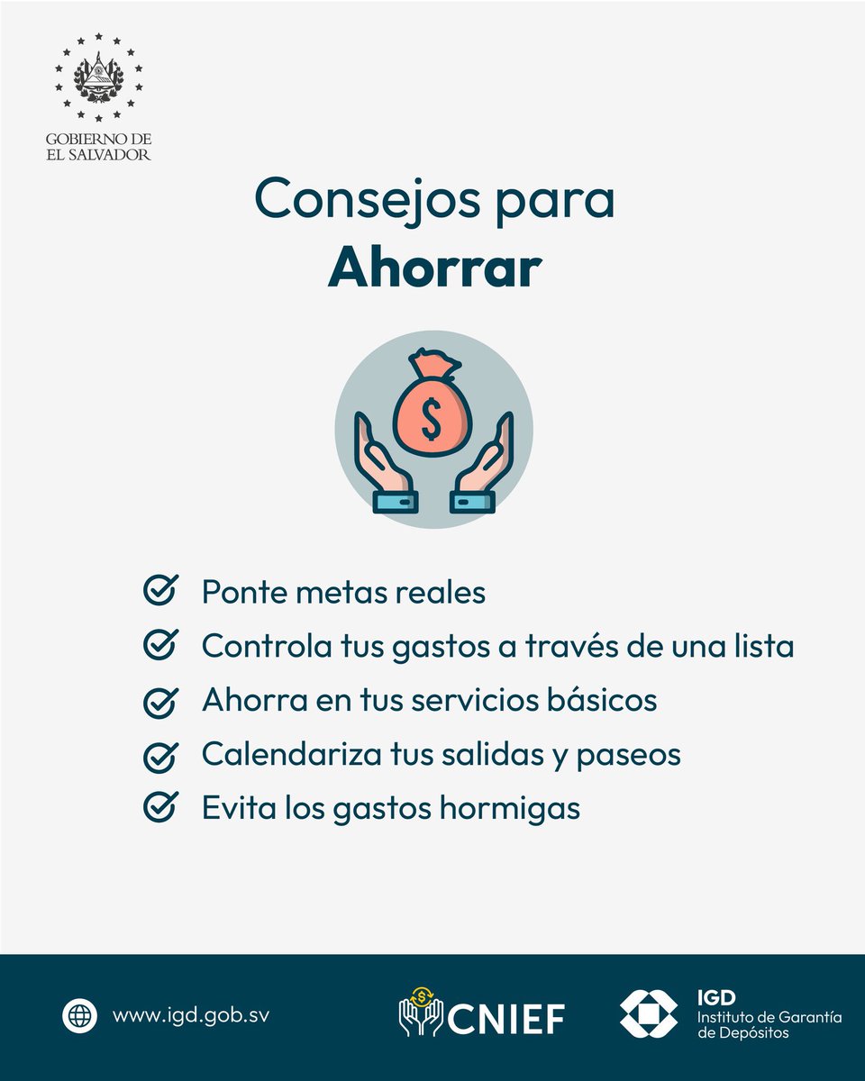 IGD_SV's tweet photo. ¿Cómo vas con la meta de ahorro este año? 🤔

Te compartimos unos consejos que debes de tomar en cuenta, para cumplir tus metas financieras en lo que resta del año. 🙌

#GarantíaDeDepósitosSV #IGDSV https://t.co/SbuKBeQAvm