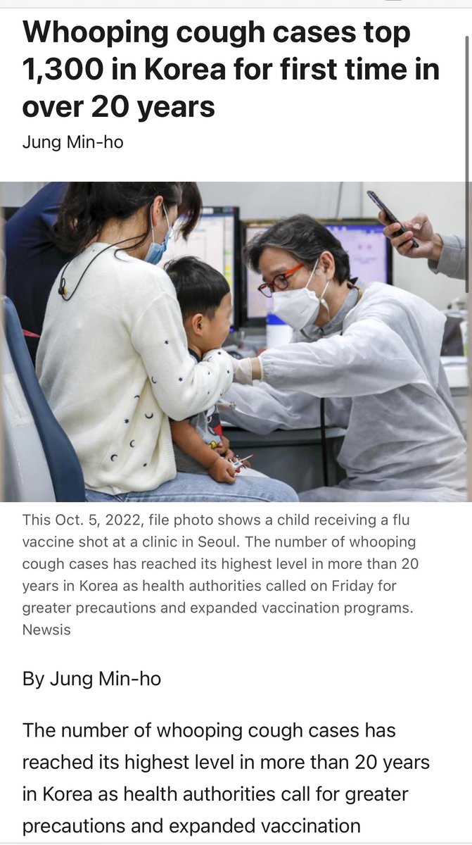 ALMOST 5x SURGE IN WHOPPING COUGH IN 🇰🇷—Pertussis has reached its highest level in more than 20 years in Korea. According to Korea Disease Control and Prevention Agency, 1,365 people have been infected with the highly contagious respiratory disease as of June 1. The figure has
