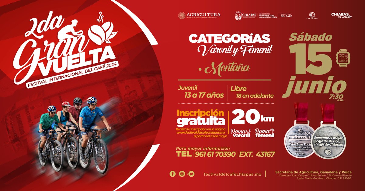 Ven a disfrutar del 4to. Festival Internacional del Café, Chiapas de Corazón 2024; del 13 al 16 de junio en sus instalaciones de la #SAGyP en la Chacona.
Registrate: festivaldelcafechiapas.mx/frm_ciclismo.p…
Consulta las actividades en festivaldelcafechiapas.mx
¡Con el café, #ChiapasEsMásFuerte!