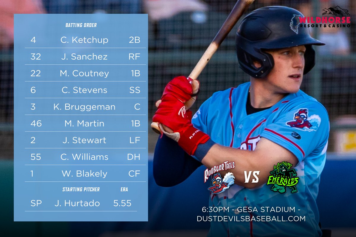 TC_DustDevils's tweet photo. Here is tonight's Rooster Tails starting lineup for game four of six against the Eugene Emeralds! Tonight's starting lineups are brought to you by Wildhorse Resort and Casino. #GoFastTurnLeft https://t.co/BVA3Kcnt4k