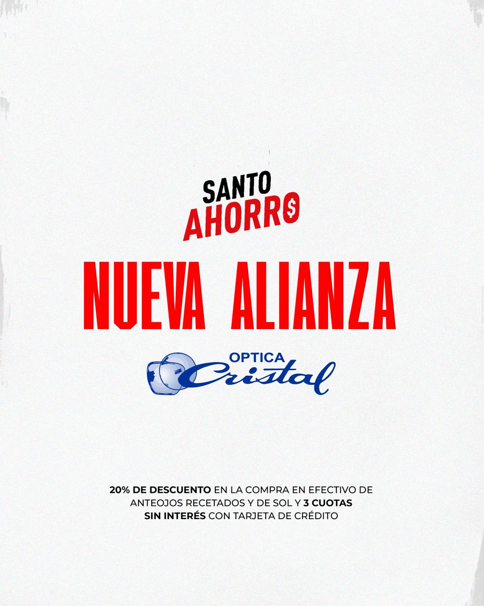 🔴⚪️ #SociosYSocias

Nuevo convenio 🇦🇹

Ahora, siendo socio o socia al día, en Óptica Cristal tenés un 20% de descuento por pago en efectivo en anteojos recetados 👓 o de sol 🕶, además de 3 cuotas sin interés con cualquier tarjeta de crédito 💳

#VamosCiudadela