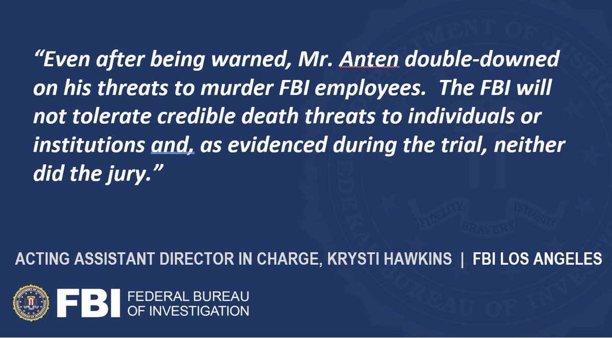 FBILosAngeles's tweet image. Mark William Anten of #SunValley, was found guilty by a jury this week of sending threatening emails to the FBI, including ones in which he threatened to bomb the FBI’s Los Angeles Field Office &amp;amp; referenced the notorious “#Unabomber.” Details:  ow.ly/TgZj50Sc94J