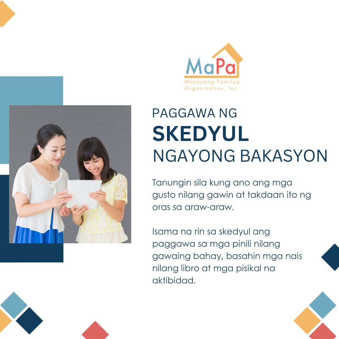 PLH_Philippines's tweet image. Isama natin ang mga anak o inaalagaang bata sa paggawa ng skedyul ngayong bakasyon. Tanungin sila kung ano ang mga gusto nilang gawin at takdaan ito ng oras sa araw-araw. #MasayangPamilya #positiveparenting #playfulparenting