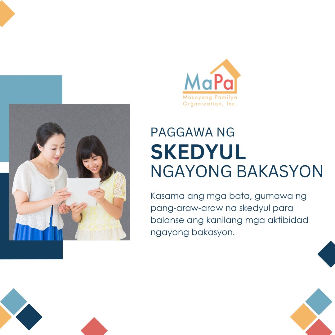 PLH_Philippines's tweet image. Isama natin ang mga anak o inaalagaang bata sa paggawa ng skedyul ngayong bakasyon. Tanungin sila kung ano ang mga gusto nilang gawin at takdaan ito ng oras sa araw-araw. #MasayangPamilya #positiveparenting #playfulparenting