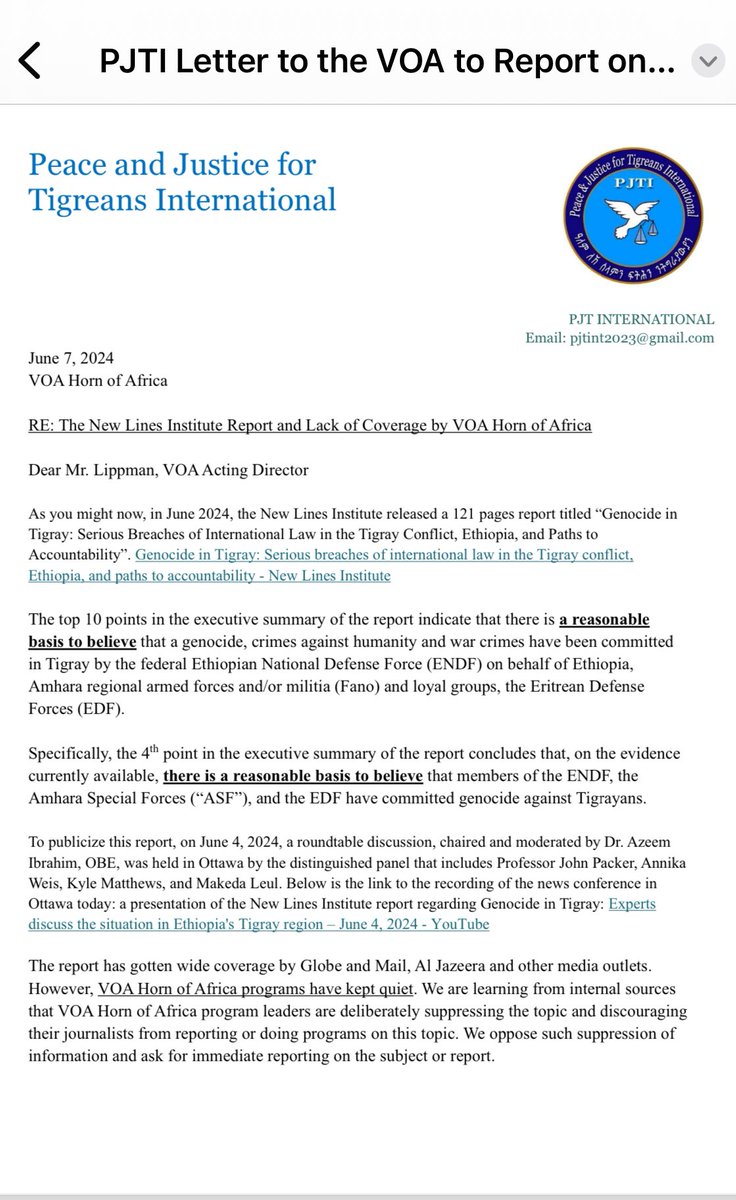 PJTinter's tweet photo. Open Letter: why are @VOAAfrica @VOAAmharic @VOATigrigna silent on the #TigrayGenocide report by @NewlinesInst? The report has gotten wide coverage by @globeandmail @AJEnglish.  Is @VOANews deliberately suppressing the report? @VOADirector @salwajaffri @jimfryVOA @BurbridgeDuke https://t.co/yxvlo8nsfv