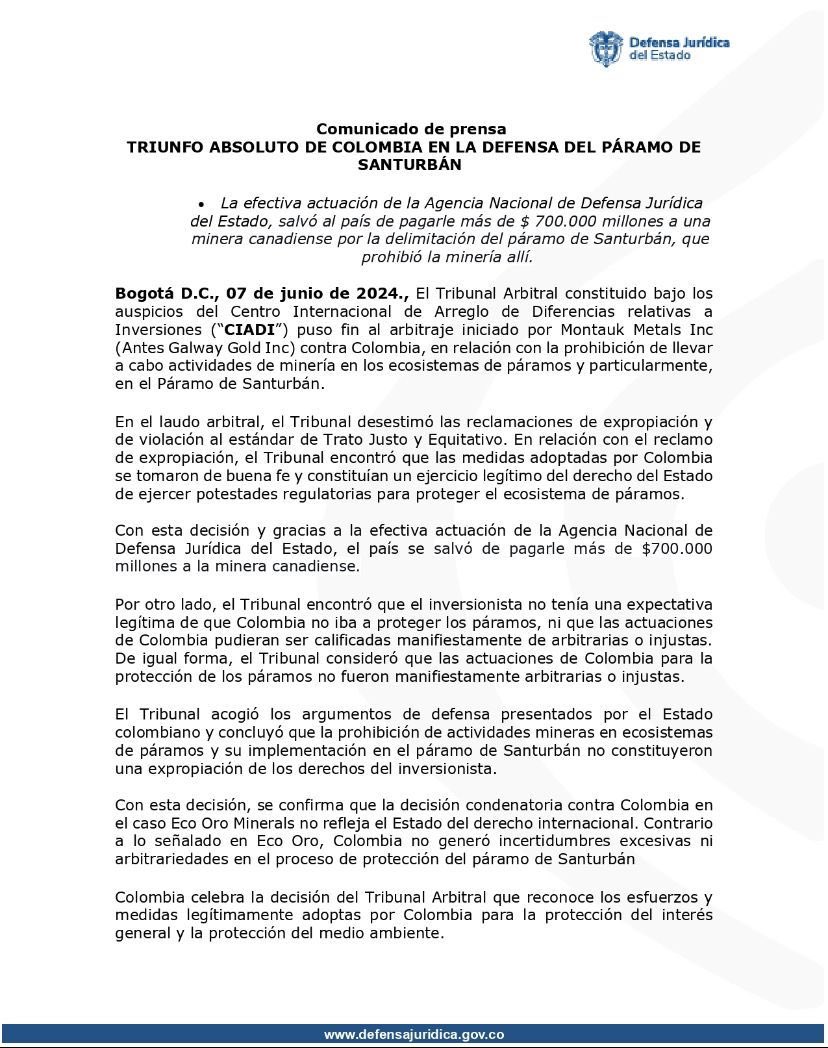 susanamuhamad's tweet photo. La protección ambiental de los páramos no constituyen una arbitrariedad contra el capital extranjero ni las mineras. Colombia gana arbitraje internacional a multinacional canadiense https://t.co/uDGH5H2hwp