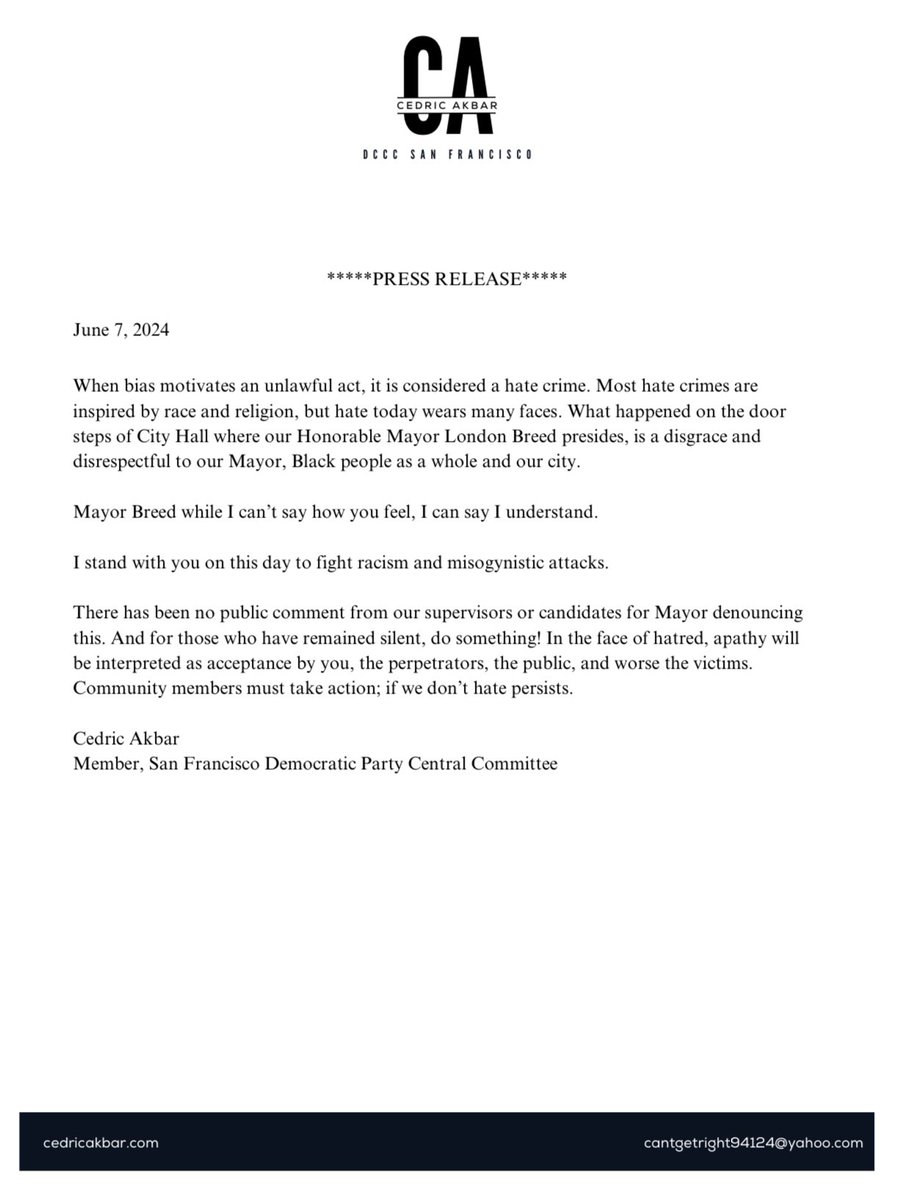 Hate crimes have no place in our society. I stand with Mayor London Breed and condemn the recent disgraceful act at City Hall. It's time for everyone to speak out and take a stand against racism and misogyny. Silence is complicity.