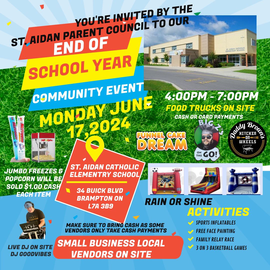 maggievalleau's tweet photo. St. Aidan Community!!! Come on out to celebrate the end of the school year!! There will be food trucks, inflatable games, face painting and the incredible DJ Goodvibes spinning all evening!! We will also have incredible vendors for you to shop!! @StAidan_CES @DPCDSBSchools https://t.co/vXqjSqQxtl