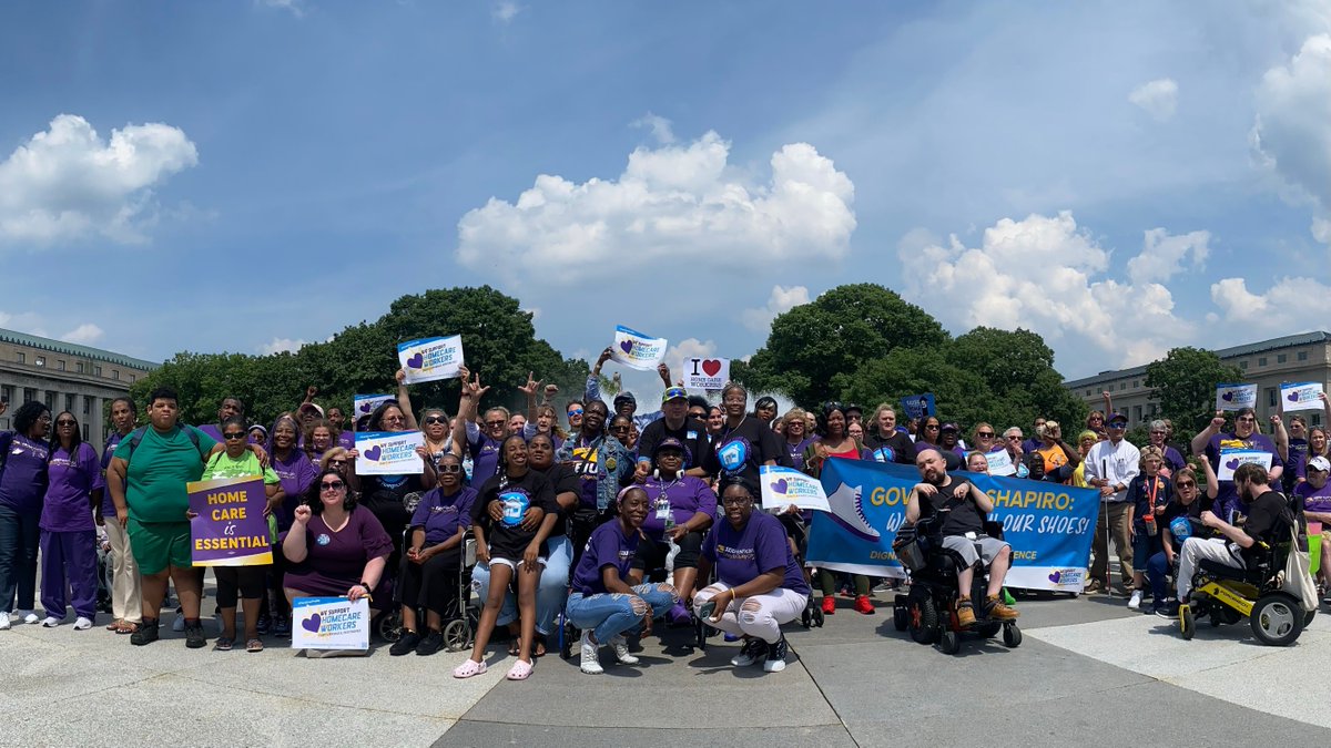 uhwpa's tweet photo. On Tues 6/4 home care workers took over the capitol in Harrisburg 💜💪 We’re counting on @GovernorShapiro to follow through on his commitment #WalkADay in the shoes of a home care worker to see what it is like to care for others with physically demanding work without fair wages. https://t.co/u0fA2B7ouH