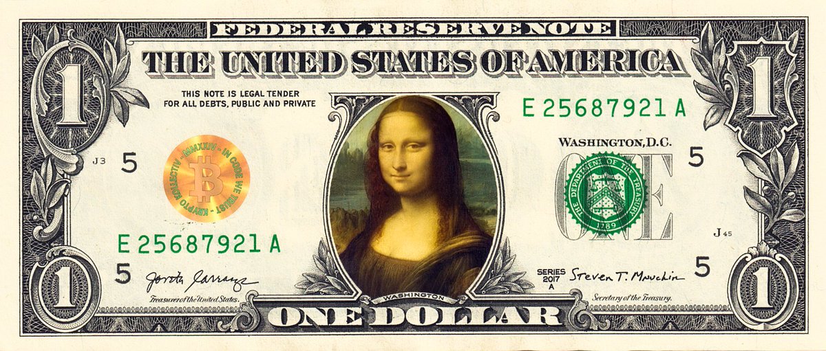 KryptoKollectiv's tweet photo. Unveiling a universal masterpiece: a handcrafted Mona Lisa on real $1 bill! 🎨💵 This blend of classic art and modern currency, secured on the #Bitcoin blockchain, is a true collector's dream.

Who's ready to own a piece of history reimagined?

#Art #Bitcoin 🖼️ https://t.co/5qi2A2i3Px