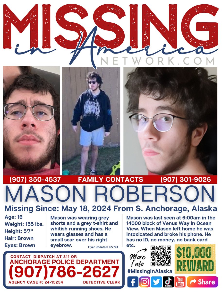 missingNamerica's tweet photo. The family of #MasonRoberson is now offering a $10,000 REWARD. 

Mason has been missing 20 days.  

For more information on his disappearance: 

https://t.co/2kokJbVnUf

#MissingInAmericaNetwork 🇺🇸 #MissingInAlaska https://t.co/rm1450dSSp