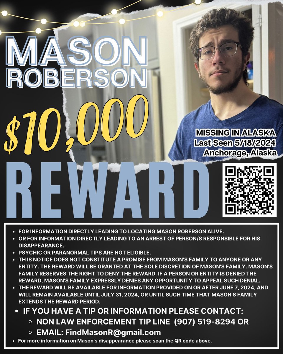 missingNamerica's tweet photo. The family of #MasonRoberson is now offering a $10,000 REWARD. 

Mason has been missing 20 days.  

For more information on his disappearance: 

https://t.co/2kokJbVnUf

#MissingInAmericaNetwork 🇺🇸 #MissingInAlaska https://t.co/rm1450dSSp