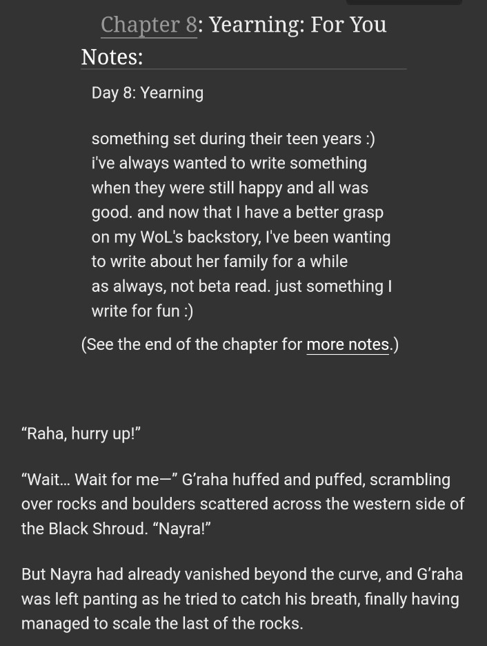Day 8: Yearning 
AO3: archiveofourown.org/works/50677849…

#grahatober #grahatober2023 #wolgraha #grahatia #ffxiv