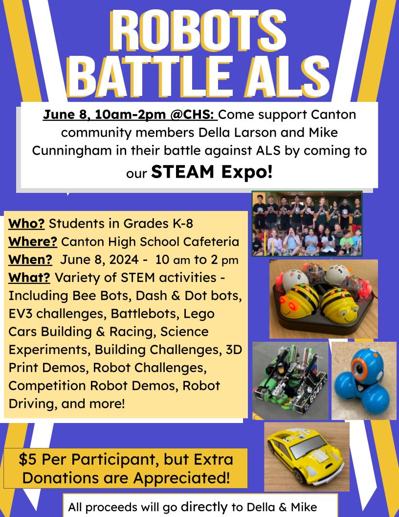 CantonRobodogs's tweet image. Robots Battle ALS: Looking for something to do tomorrow morning (Saturday, 10 am to 2 pm) that is fun, educational and benefits members of our community?!!! Robots Battle ALS @ CHS Cafeteria 10 am to 2 pm. Join us! Donations accepted!