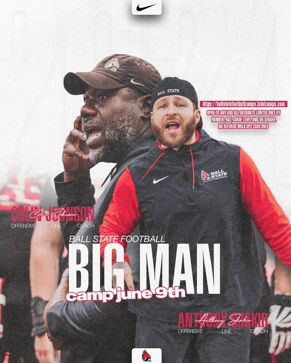 🗣️Calling all BIGS! Our Ball State Big Man camp is this Sunday!

📋 Registration/Check-In at 8:15 am (walk ups welcome!)
🏈 Camp starts at 10 am
🤝 Wrap up around 2:30 pm
🪖 Padded camp! Helmets &amp; Shoulder pads will not be provided! 
😤 Attitude is a must!
#1AAT / #Trenches