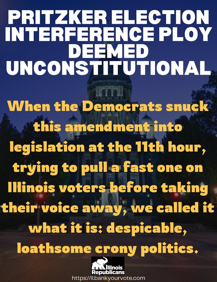 ILGOP's tweet photo. Illinois Democrats were dealt a blow by the state’s court system as new election law passed by the statehouse and signed by Governor Pritzker intended to take the voice away from Illinois voters was struck down by a Sangamon County court.
https://t.co/FWSMqiIsDs https://t.co/g7SMHxvQl9