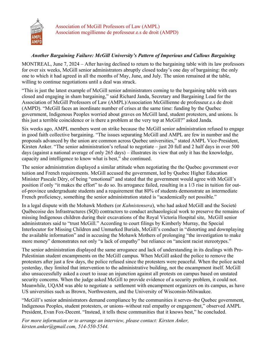 AMPL_AMPD's tweet photo. We wanted to stay but @mcgillu walked away from collective bargaining today until August 19. @ProvostManfredi insists that any collective agreement be binding on our members but not on the University. #BargainingWithoutBargaining #NoContractNoCongress #AMPL_AMPD_strike https://t.co/xkLCzPtKFn