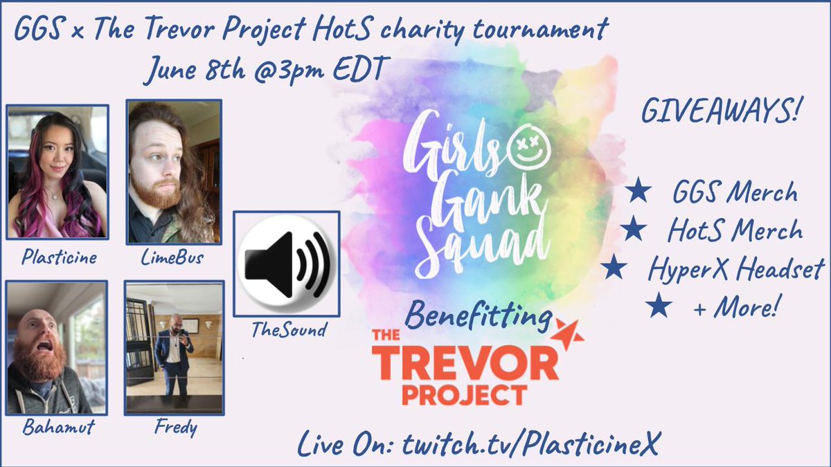 Snarfungus (She/They) (@snarfungus) on Twitter photo GGS is hosting a HoTS charity tournament tomorrow, June 8th, at 3pm ET! Come join us on twitch.tv/plasticinex to raise money for <a href="/TrevorProject/">The Trevor Project</a>!
Multiple giveaways will happen in the stream when we reach our goals! GGS is hosting a HoTS charity tournament tomorrow, June 8th, at 3pm ET! Come join us on twitch.tv/plasticinex to raise money for <a href="/TrevorProject/">The Trevor Project</a>!
Multiple giveaways will happen in the stream when we reach our goals!