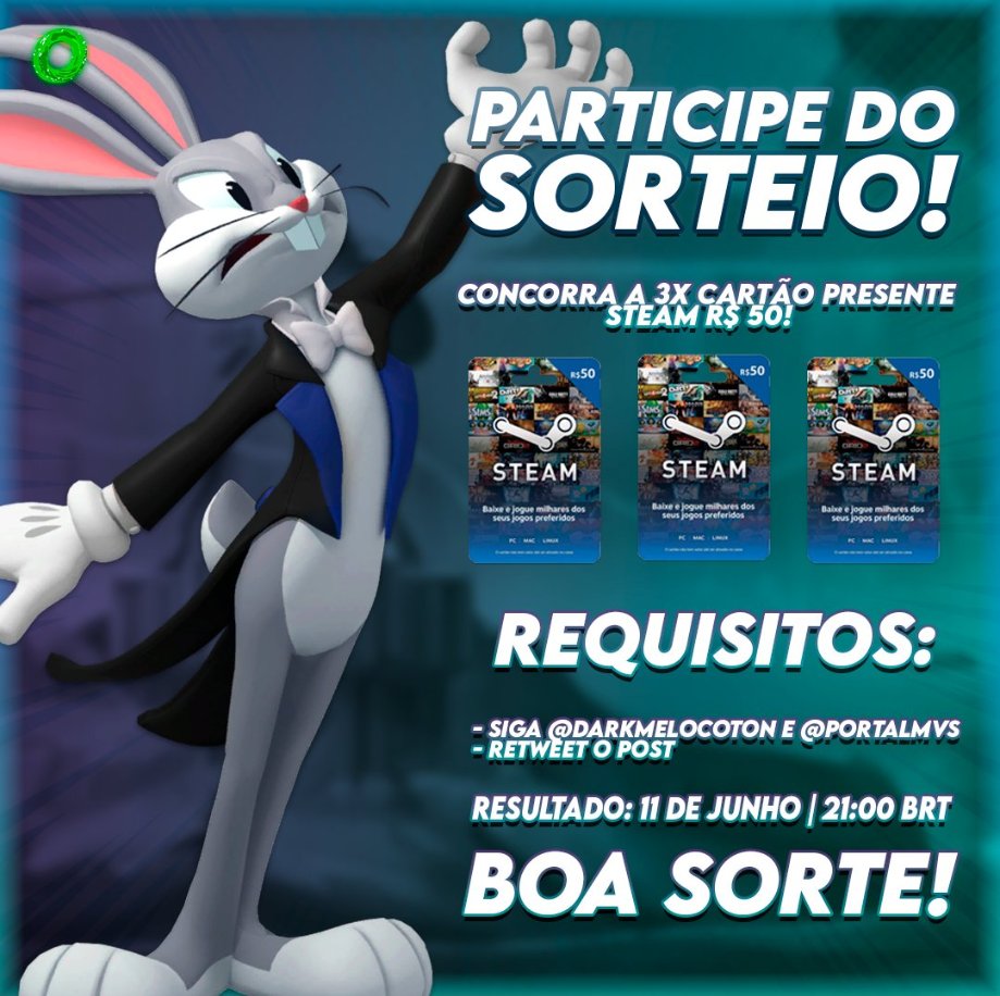 OLÁ, SIMPLESMENTE A OPORTUNIDADE ESTÁ BATENDO NA SUA PORTA!

Eu e @portalmvs iremos sortear 3 keys de R$50,00 na STEAM no dia 11/06 as 21hrs(brt),para participar é bem fácil:
- Siga @darkmelocoton e @portalmvs
- Dê RT neste post aqui

Pronto você já estará concorrendo, lembrando
