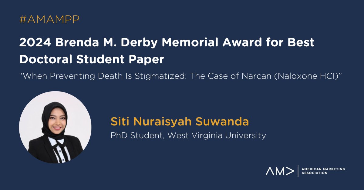 ama_journals's tweet photo. 🏆Congratulations to Siti Suwanda, winner of the Brenda M. Derby Memorial Award for Best Doctoral Student Paper at #AMAMPP!
“When Preventing Death Is Stigmatized: The Case of Narcan (Naloxone HCI)” is coauthored with Emily Tanner, Paula Fitzgerald and Matt Sarkees.
@wvuchambers https://t.co/B7j0X6n0DP