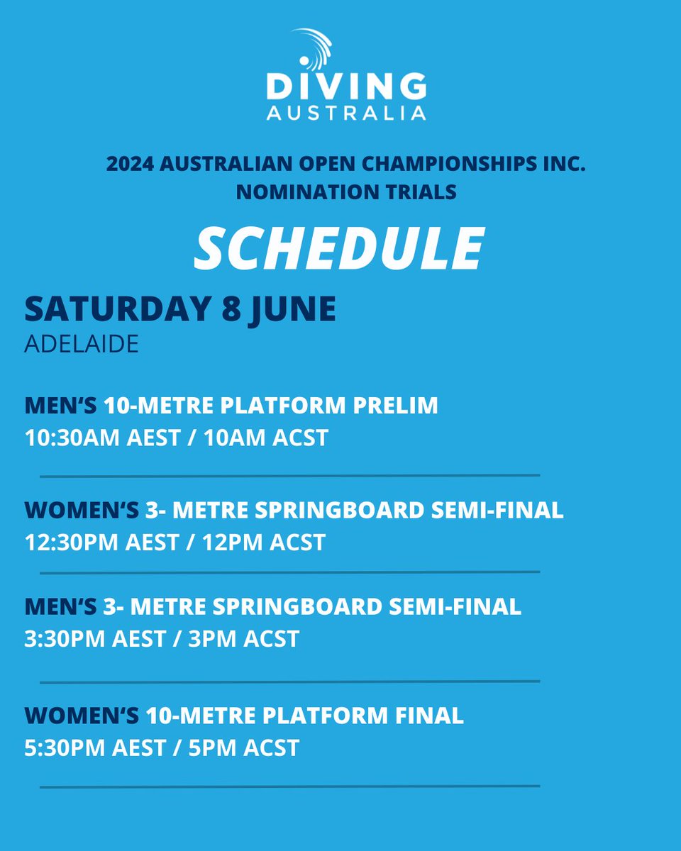 It's Day 4 of the Australian Open Championships inc Nomination Trials 🎉

Our Women's 10-Metre Platform National Champion will be crowned today 💪

Be sure you tune into 9Now from 10:30AM AEST

Swipe 👉 for Day 4 schedule